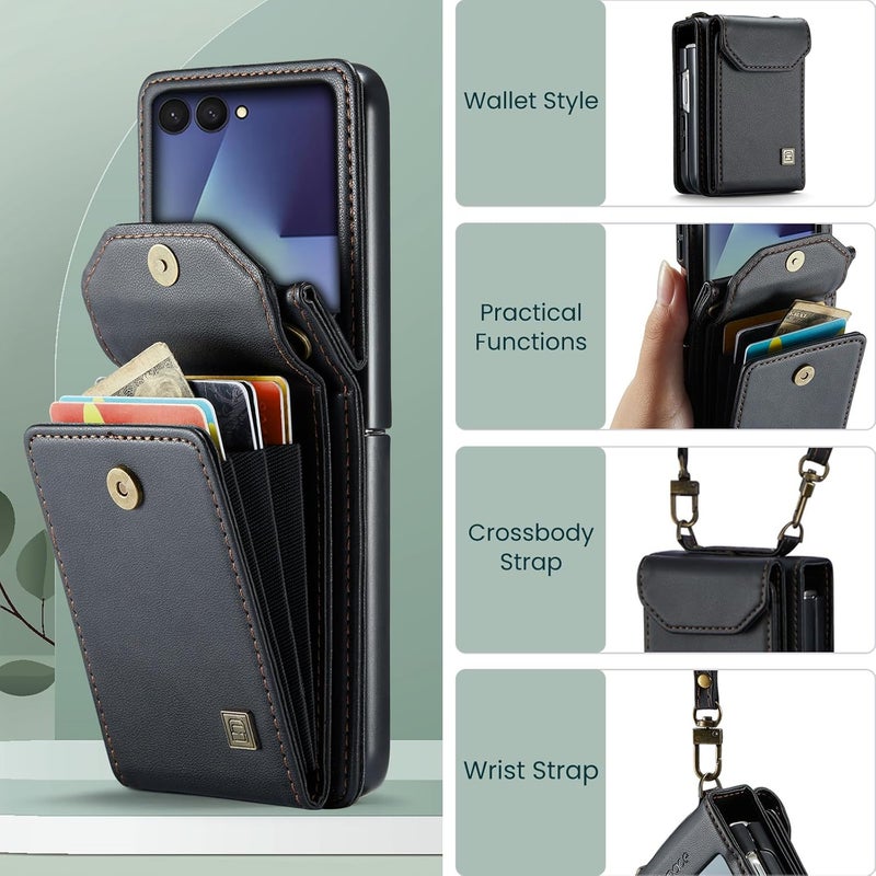 ASAPDOS Crossbody Case Compatible with Samsung Galaxy Z Flip 7,Retro PU Leather Strap Wristlet Flip Case with Magnetic Closure and Card Holder for Men Women Black - Image 2